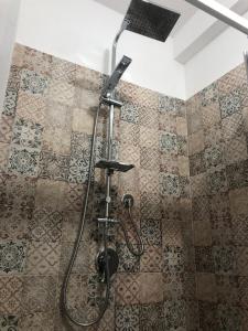 een douche met een douchekop op een betegelde muur bij LA CASA DEL BORGO in Petralia Soprana