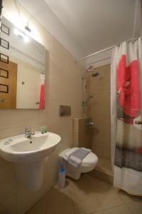 a bathroom with a sink and a toilet and a mirror at Hotel Akrogiali in Ouranoupoli