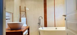 a bathroom with a sink and a tub and a toilet at maison d'hôtes Le Courty in Blousson-Sérian