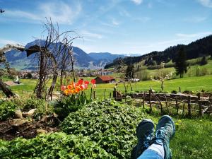 a person sitting in the grass with their feet in a field at Blumenoase Allgäu in Schwanden +23 photos