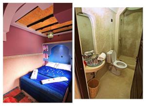 two pictures of a room with a bed and a bathroom at Atlas Mazik Lodge mountain views in Imlil