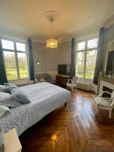 a bedroom with a bed, chair and a tv at CHATEAU DU BOULAY MORIN in Le Boulay-Morin