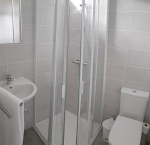 een badkamer met een douche, een toilet en een wastafel bij Le Refuge du Cele in Cabrerets