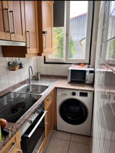 cocina con lavadora y fregadero en Appartement bien agencé, en Les Lilas