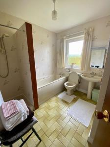 a bathroom with a toilet and a tub and a sink at Sandfield View in Ardara