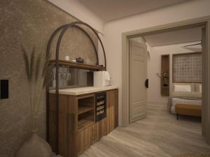 uma representação de um quarto de hotel com um quarto em Assano Seafront Luxury em Nikiti