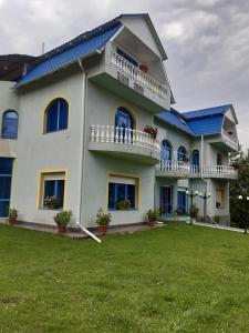 Casa grande con ventanas azules y patio verde. en Casa Albastra, en Drumu Carului