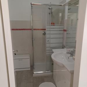 La salle de bains est pourvue d'une douche et d'un lavabo. dans l'établissement Loggia Portofino, à Rapallo