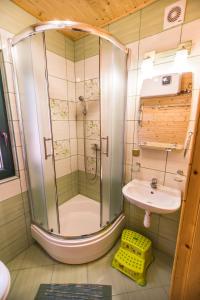 uma casa de banho com um chuveiro e um lavatório. em Zielone Domki Morze & Jezioro em Ustronie Morskie
