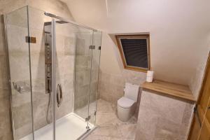 a bathroom with a shower stall and a toilet at 2 Westview in St Brelade