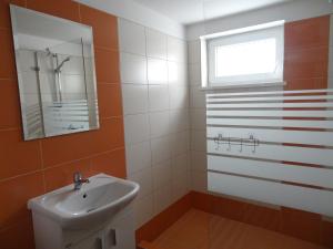 La salle de bains est pourvue d'un lavabo et d'une fenêtre. dans l'établissement Apartmán Karovi, à Deštné v Orlických horách
