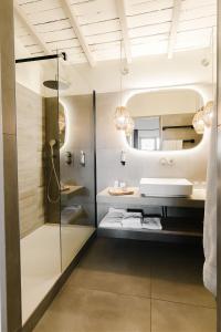 a bathroom with a shower and a sink at Hôtel Restaurant Les Arnelles in Saintes-Maries-de-la-Mer