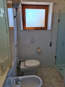a bathroom with a toilet and a sink and a window at Hotel Plammas in Santa Maria Navarrese