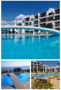 eine Collage mit Bildern eines Hotels und eines Pools in der Unterkunft Luxsus Apartment Diamond Sveti Vlas in Sweti Wlas