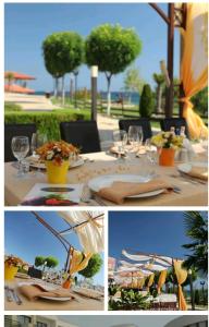 eine Collage mit Fotos eines Tisches mit Weingläsern in der Unterkunft Luxsus Apartment Diamond Sveti Vlas in Sweti Wlas