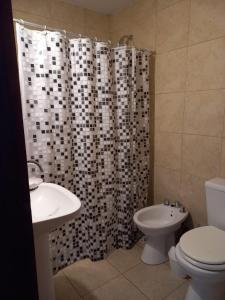 查斯科穆斯的住宿－Refugio del visitante，浴室设有淋浴帘、卫生间和水槽