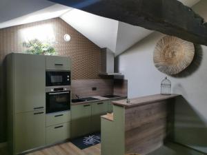 a kitchen with green cabinets and a stove top oven at La Canopée in Cholet