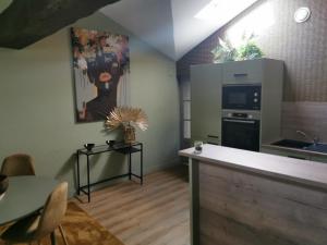 a room with a kitchen with a counter and a table at La Canopée in Cholet +14 photos