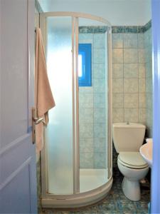 a bathroom with a shower and a toilet at Seas the day in Mýkonos City