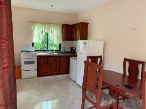 eine Küche mit einem Tisch und einem weißen Kühlschrank in der Unterkunft The Guigo house in Santa Bárbara de Samaná