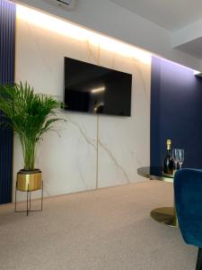 a room with a tv on a wall with a potted plant at Luxury Saphir Gold Mamaia Nord in Mamaia +19 photos