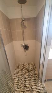 ein Bad mit einer Dusche und Fliesenboden in der Unterkunft Ô Sauternes in Sauternes