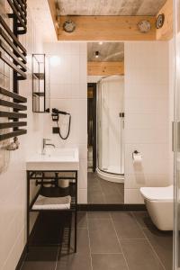 a bathroom with a sink and a shower at Osada Matygówka in Gliczarów