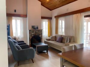 a living room with a couch and a fireplace at Tomsan Villas Akyaka in Akyaka