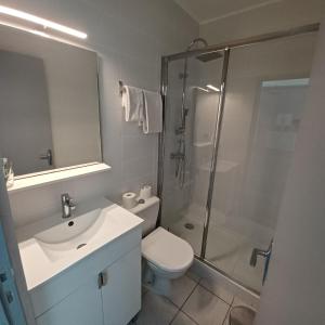 a bathroom with a shower and a toilet and a sink at Ezz'Hotel Canet in Canet-en-Roussillon