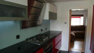 a kitchen with a black counter top and a stove at Lovely 1-bedroom flat near city centre in Perth