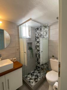 a bathroom with a shower with a toilet and a sink at The balcony in Glossa +47 photos