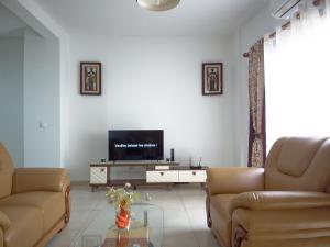 uma sala de estar com 2 sofás e uma televisão de ecrã plano em Nomsa Zen Appartement em Abaga