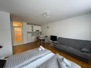 una sala de estar con un sofá y una mesa en Apartment Green - Grey, en Liubliana 4 fotos más