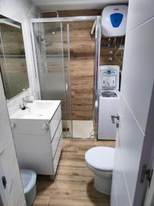 a small bathroom with a toilet and a sink at Residencial Los Molinos con piscina, TV internacional y Wifi in Playa del Ingles