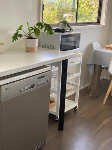 a desk with a microwave and a plant on it at Sea Renity in Safety Beach