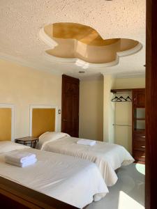 sypialnia z 2 łóżkami i sklepionym sufitem w obiekcie Hotel La Condesa w mieście Huasca de Ocampo