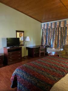 Schlafzimmer mit einem Bett, einem Schreibtisch und einem TV in der Unterkunft Town & Country Motel in Clinton