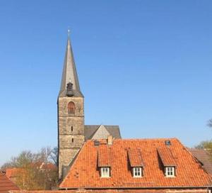 a church with a steeple and a red roof at St. Aegidii- Blick in Quedlinburg