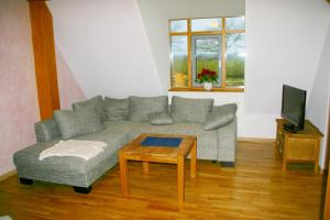 - un salon avec un canapé et une table dans l'établissement Hof Viehbrook, à Hollenbek