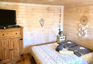 een slaapkamer met een bed en een flatscreen-tv bij Chambre studio cuisine indépendant 2 pers piscine in Rousson