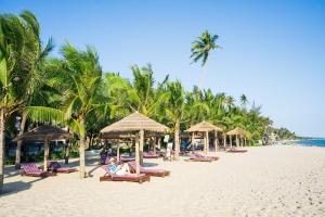 einen Strand mit Liegestühlen, Sonnenschirmen und Palmen in der Unterkunft Hoang Ngoc Beach Resort in Mui Ne