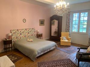 a bedroom with a bed and a chair and a chandelier at Le Manoir des Bréholles in Goustranville