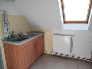 a small kitchen with a sink and a window at Haus Neu-Möhlhorst in Fleckeby