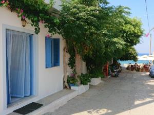 un edificio con una ventana azul y un árbol en ~~ Sea Breeze covered house ~~, en Mókhlos