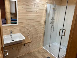a bathroom with a sink and a shower at Domek Letniskowy KAL in Węgorzewo