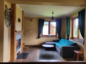 a living room with a couch and a fireplace at Domki u Gretka in Lutowiska