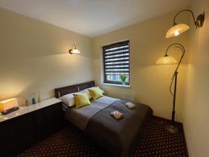 sypialnia z łóżkiem z 2 lampami i oknem w obiekcie Apartament Krynica Morska Continental w mieście Krynica Morska