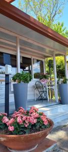 a porch with two large potted plants and flowers at Camping Linus in Marina di Massa