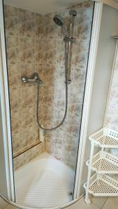 a shower with a shower head in a bathroom at Domek letniskowy "Wiewiórka" in Ocypel