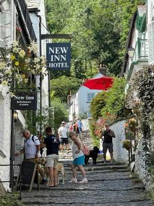 a group of people walking down a street with dogs at The New Inn Clovelly in Clovelly